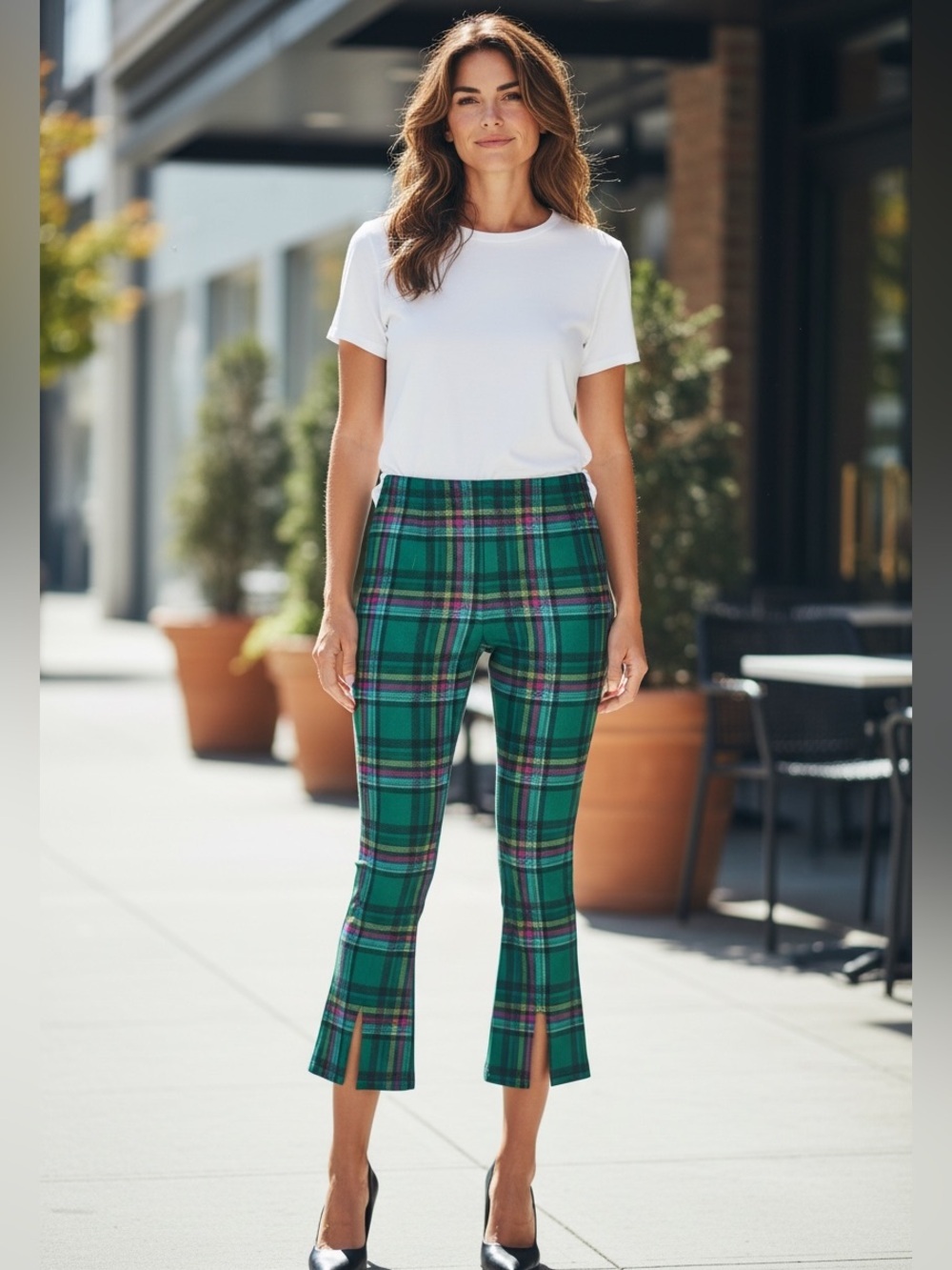 NWT Investments Women’s Kick Flare Split Hem Plaid Tartan Pattern Pants Size L